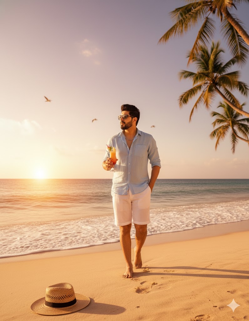 Tropical Beach Sunset Vacation: Man with Cocktail Nano Banana提示词