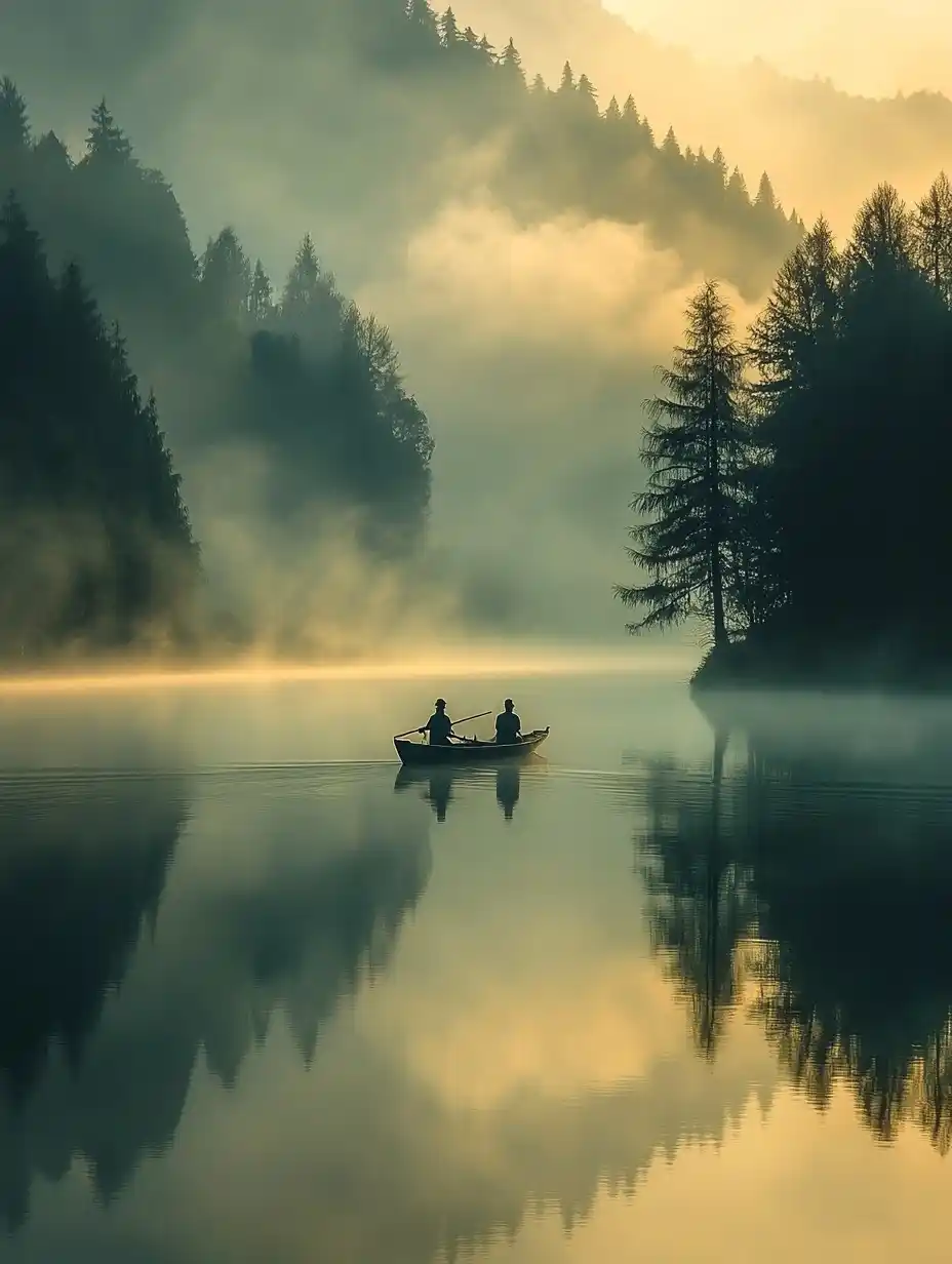 Ancient Boat on Foggy Lake Midjourney 提示词生成效果