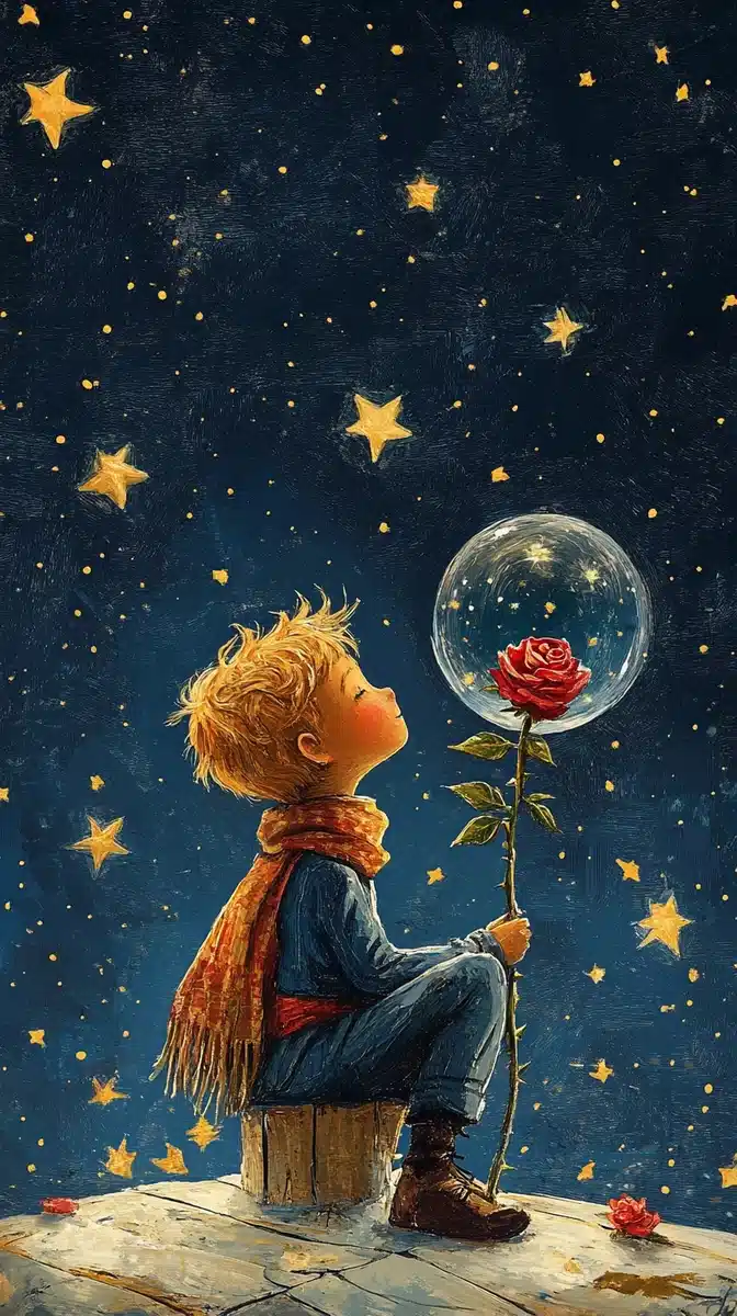 Little Prince with Rose Starry Night Midjourney提示词
