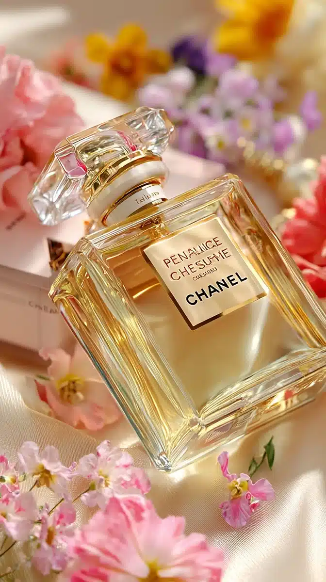 Elegant Chanel Bottle Close-Up Midjourney提示词