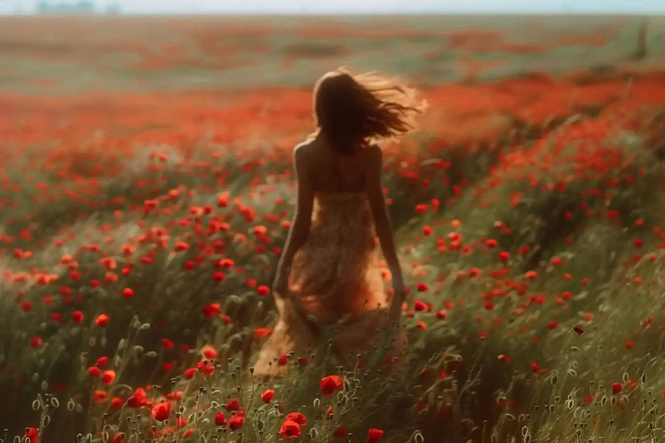 Brown-Haired Girl in Poppy Field Midjourney提示词