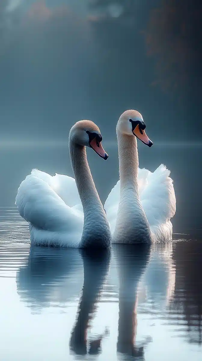 Swans on Reflective Lake Midjourney提示词