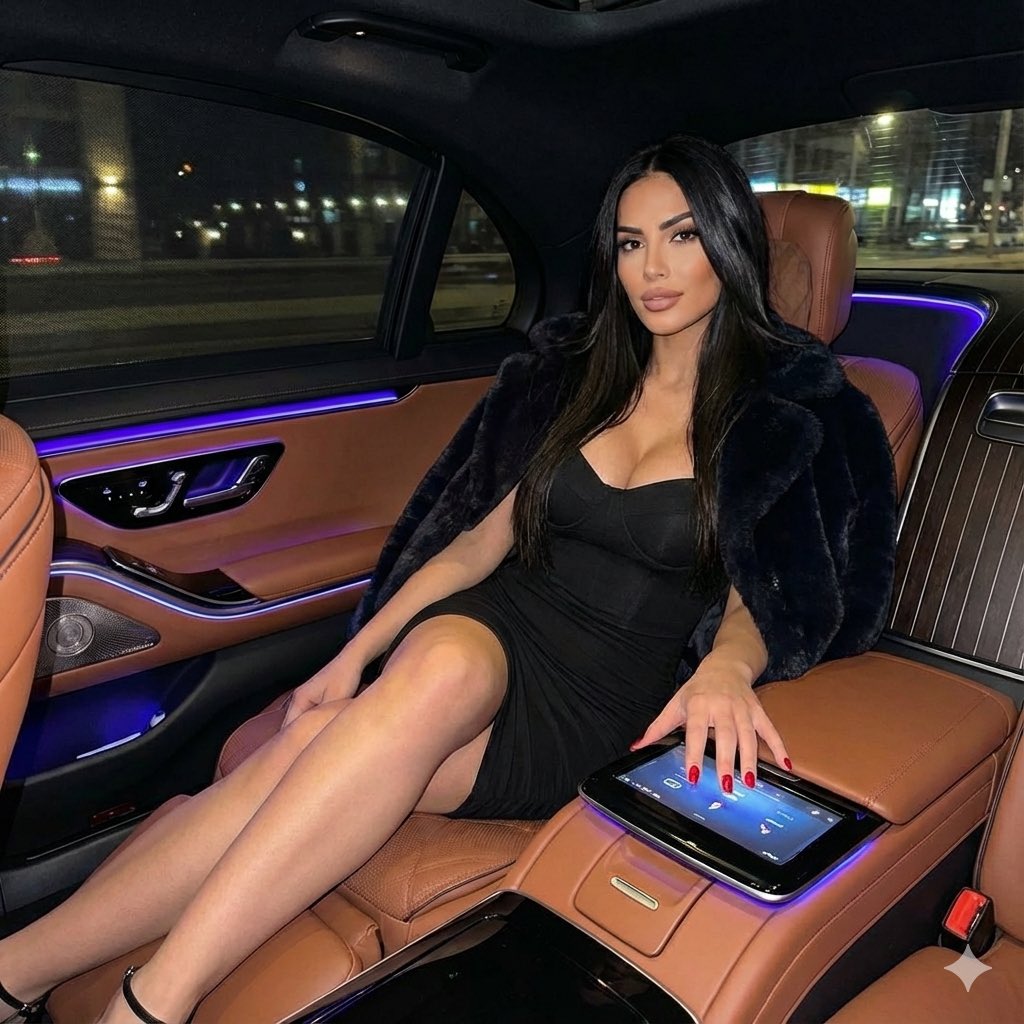 Elegant Woman in Black Dress, Luxury Car Interior Night Nano Banana提示词