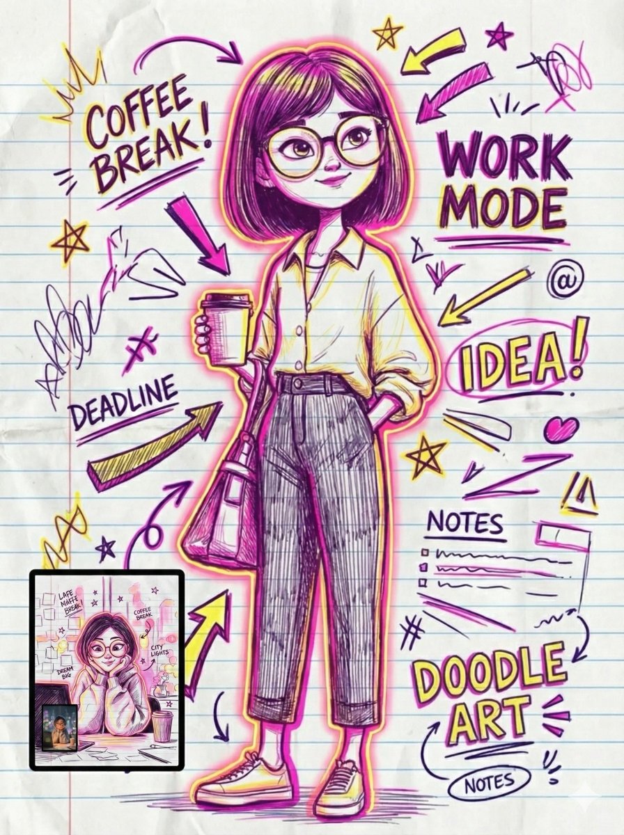 Doodle Art Work Mode: Young Woman Illustration, Coffee Break Nano Banana提示词