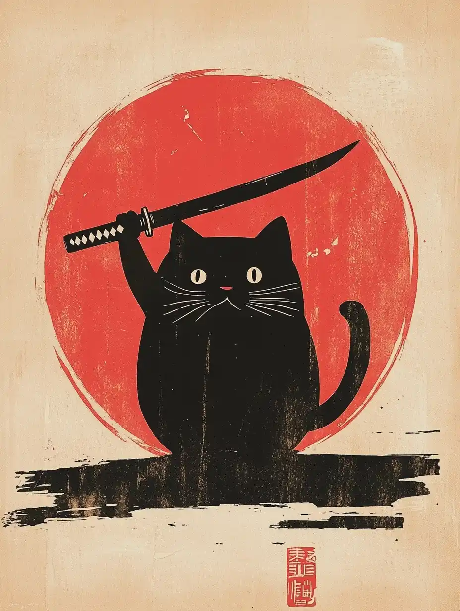 Minimalist Cat with Katana Midjourney提示词