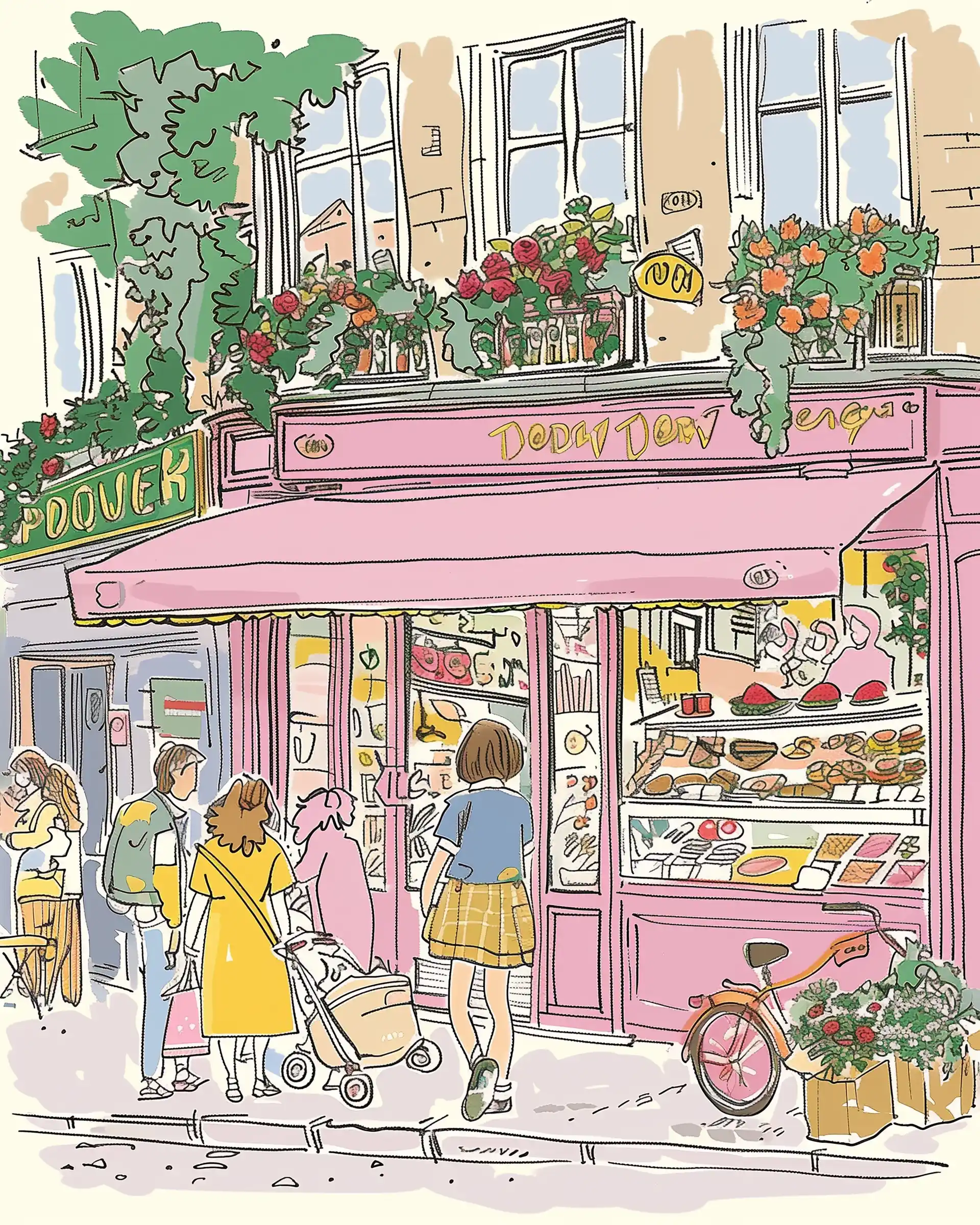 Frenchy Children at Pink Shop Midjourney提示词