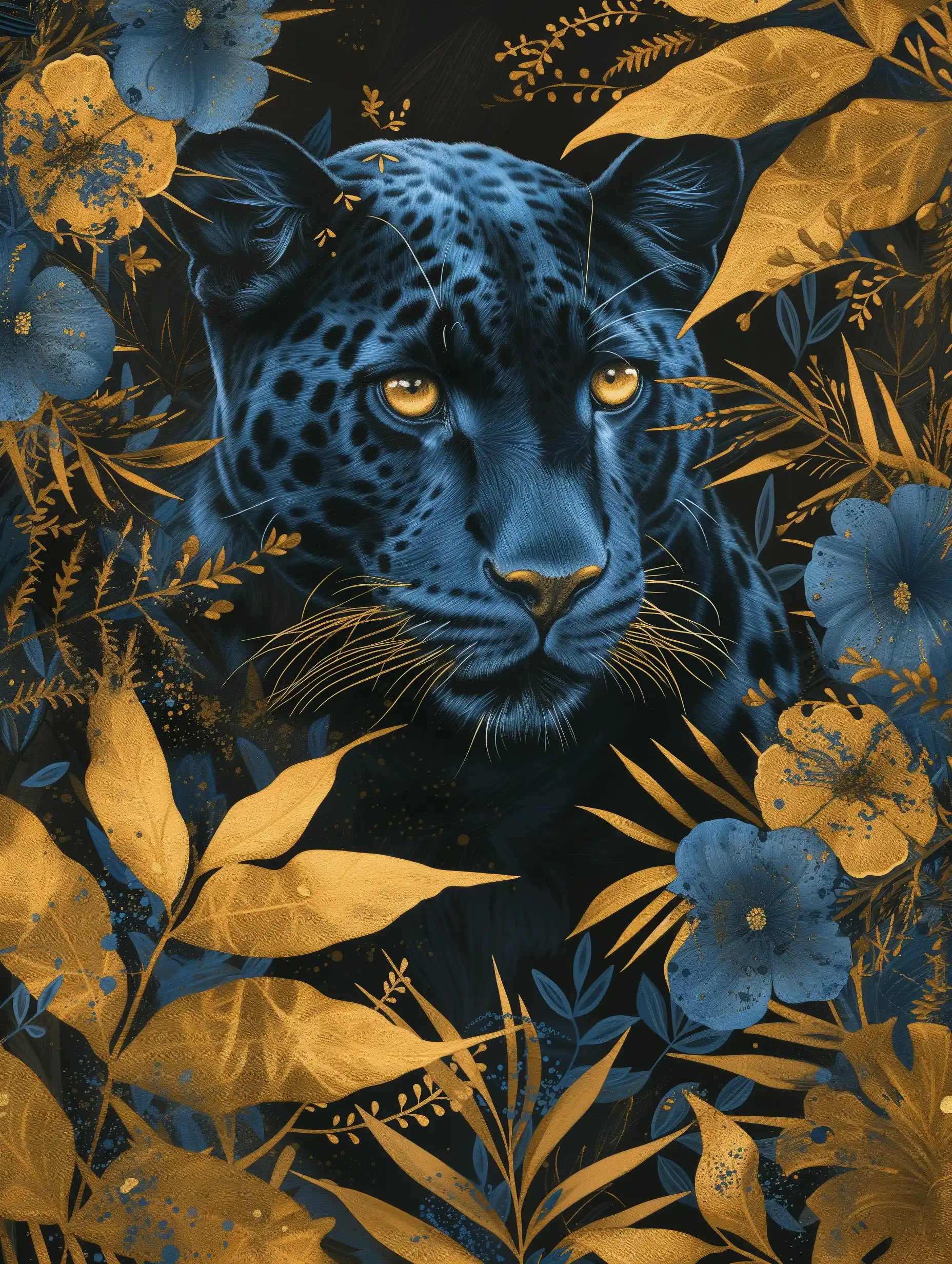 Golden Panther Amid Blue Flowers Midjourney提示词