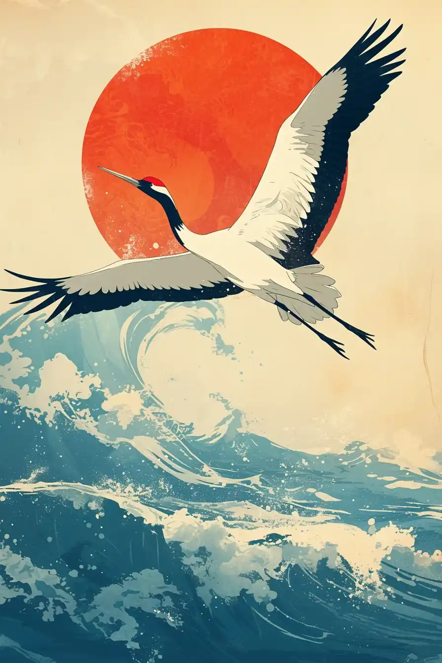 Japanese Crane Sea Sun Poster Midjourney提示词