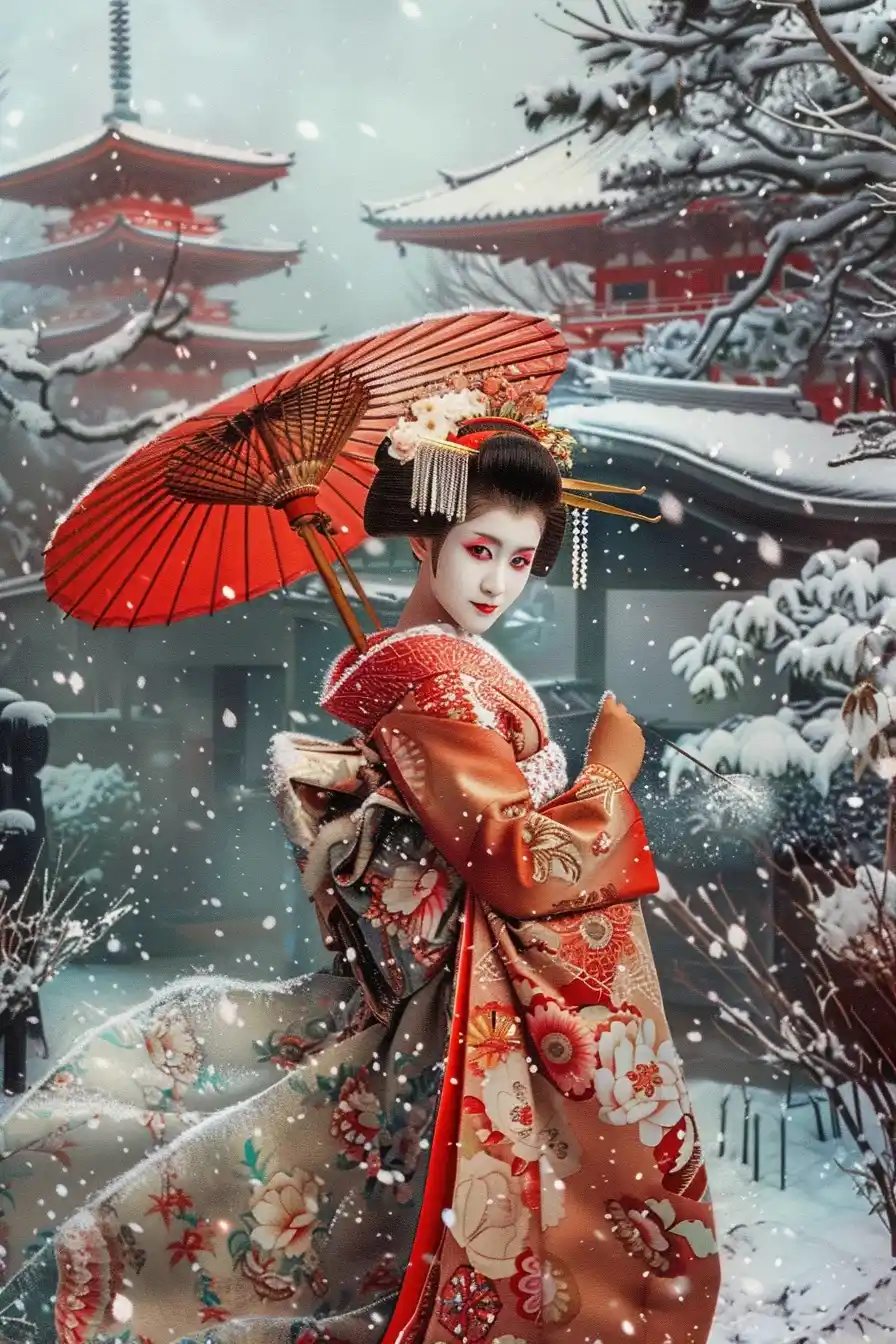 Winter Geisha at Ryokan Midjourney提示词