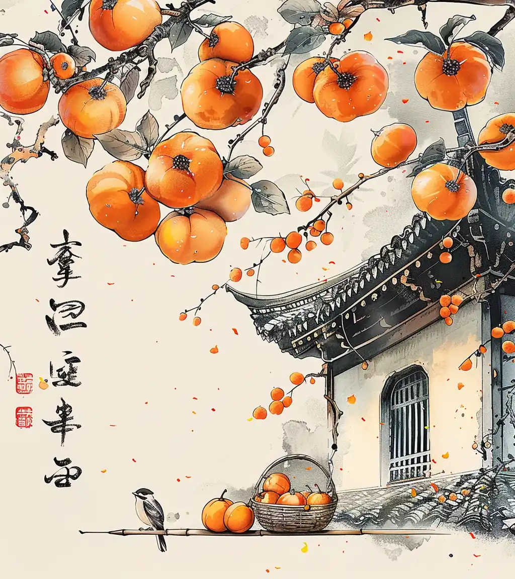 Chinese Watercolor Persimmons Midjourney提示词