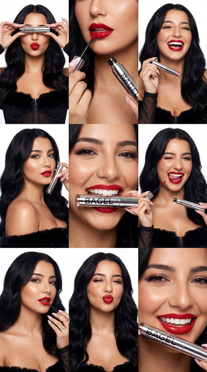 Woman Posing with Red Lip Gloss | Beauty Product Shoot Nano Banana提示词