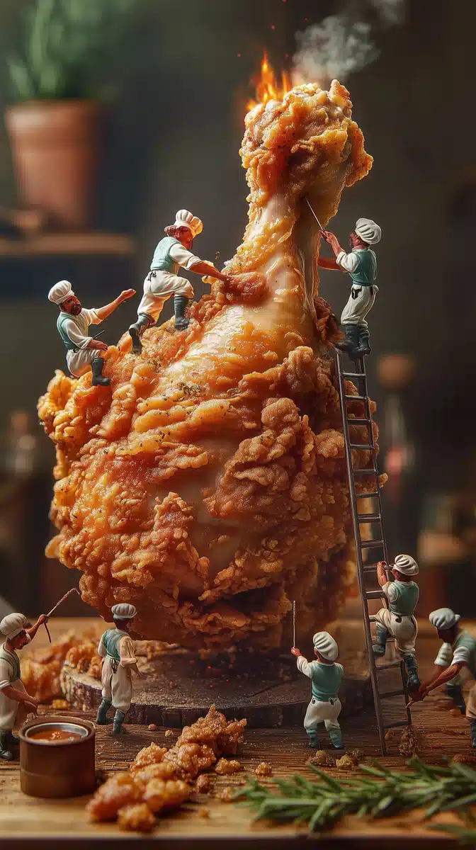 Surreal Chicken Drumstick Scene Midjourney提示词