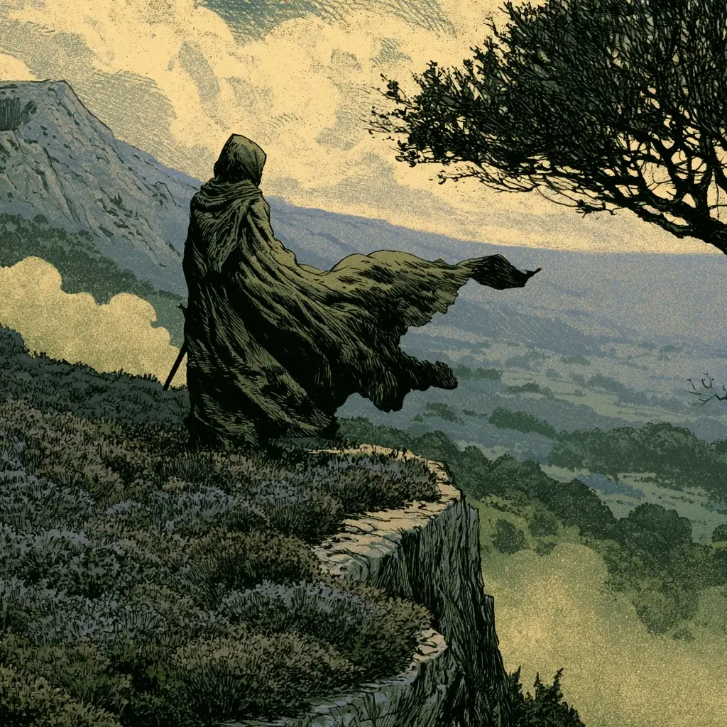 Cloaked Wanderer on Cliff Midjourney提示词