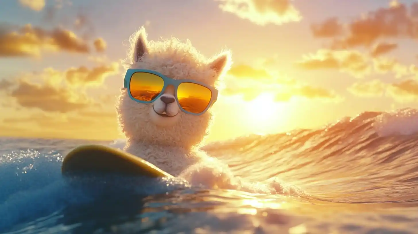 Surfing Alpaca in Sunglasses Midjourney提示词