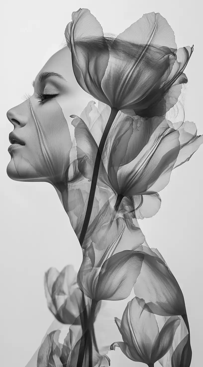 Tulip Portrait in Double Exposure Midjourney提示词