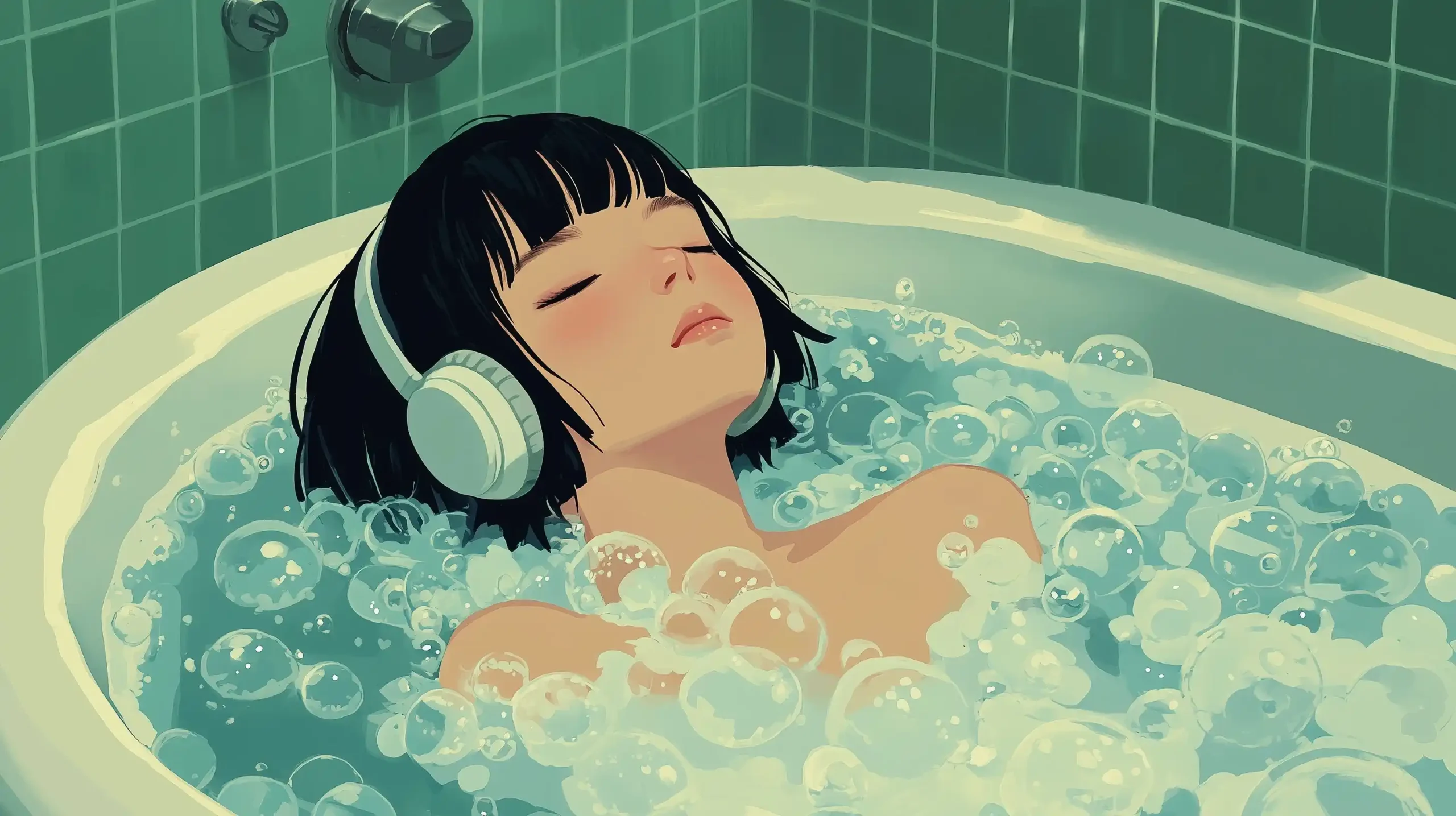 Vintage Anime Girl Bathtub Midjourney提示词