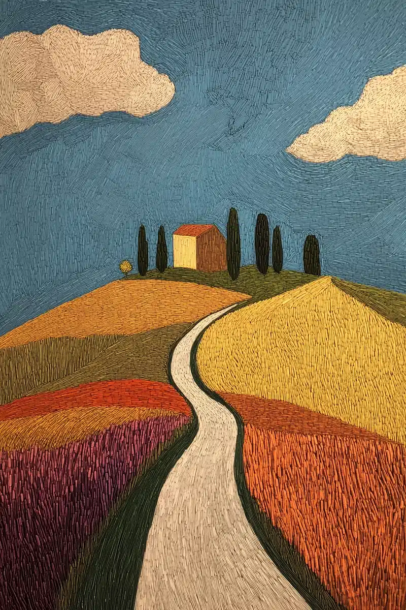 Colorful Crayon Country Engraving Midjourney提示词