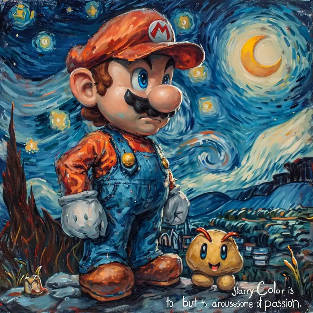 Starry Night Mario Midjourney提示词