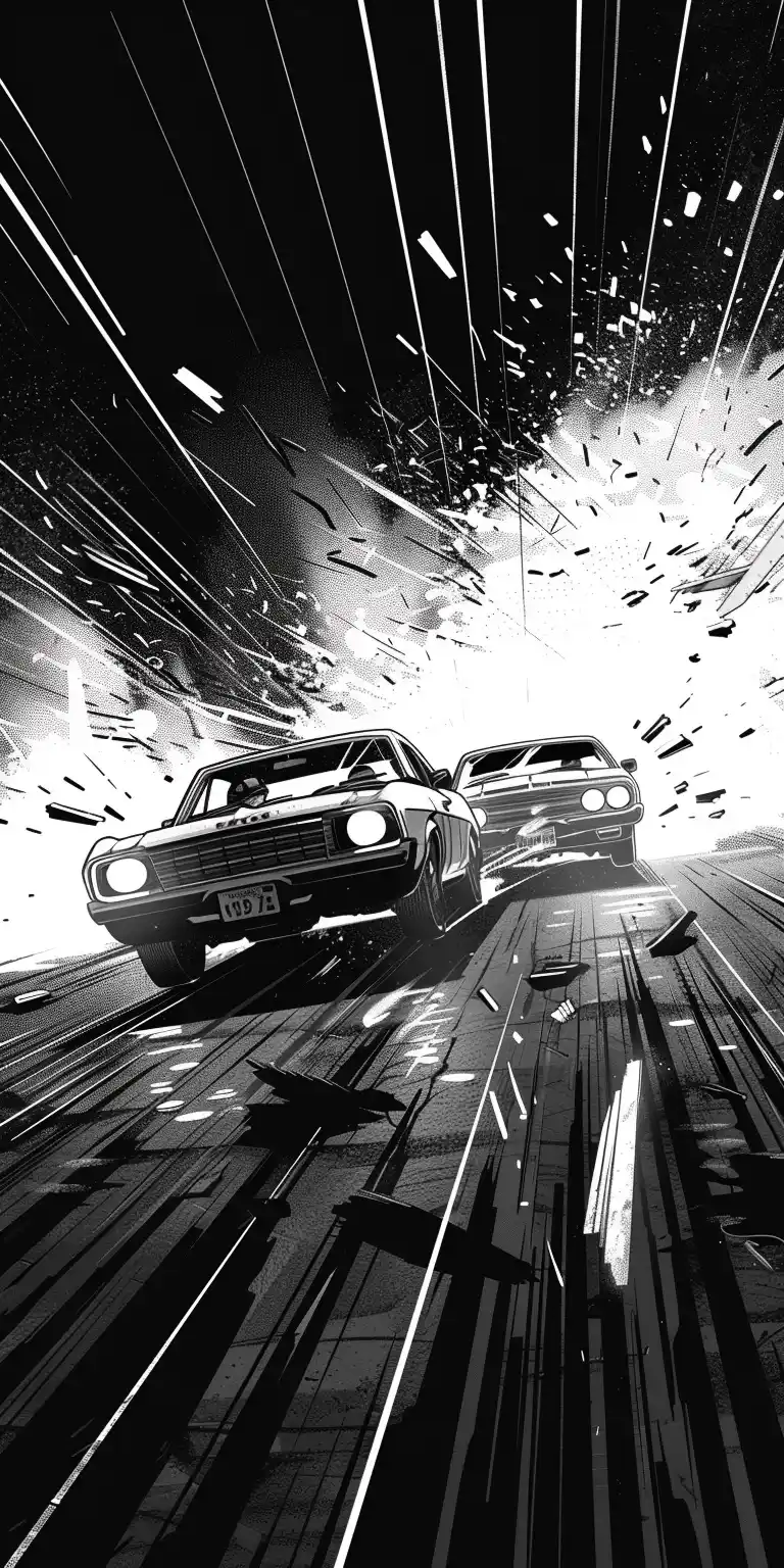 Damaged Car Chase Japanese Ink Midjourney提示词