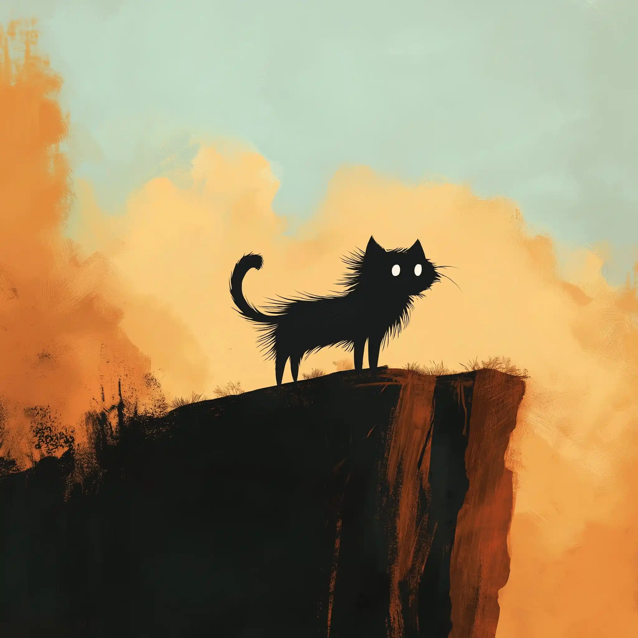 Childrens Illustration Cat on Cliff Midjourney提示词