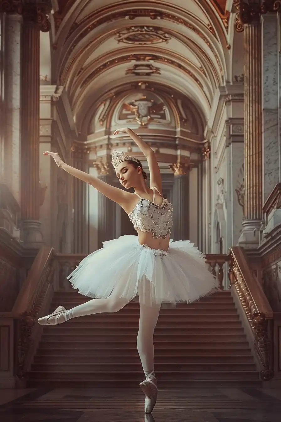 Ballerina Tutu Staircase Portrait Midjourney提示词