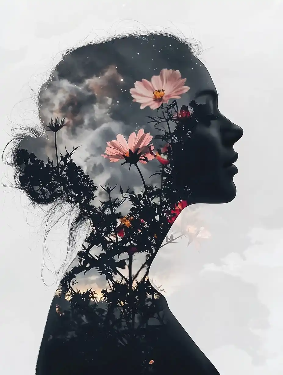 Double Exposure Floral Silhouettes Midjourney 提示词生成效果