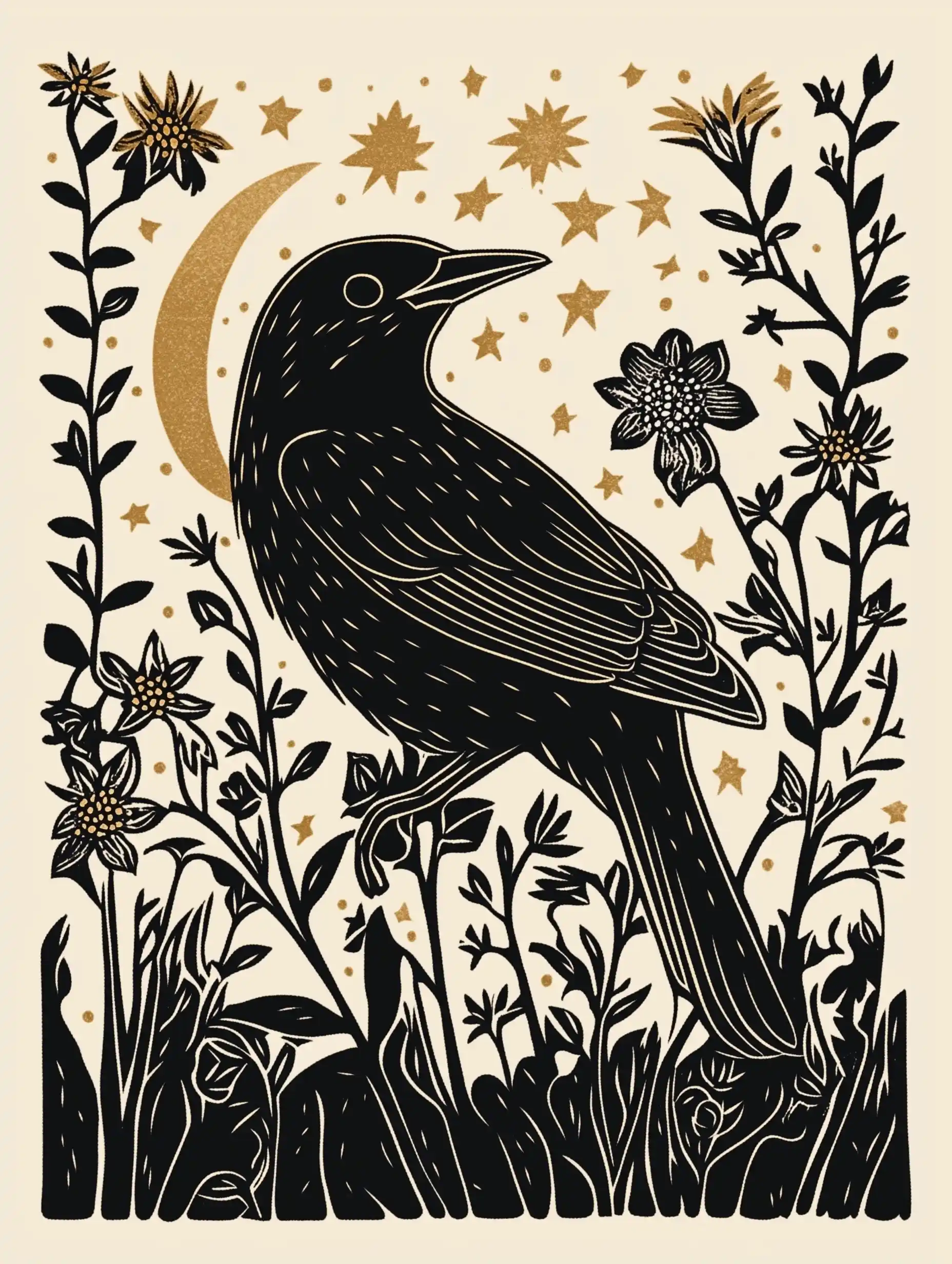 Linocut Blackbird with Flora Midjourney提示词