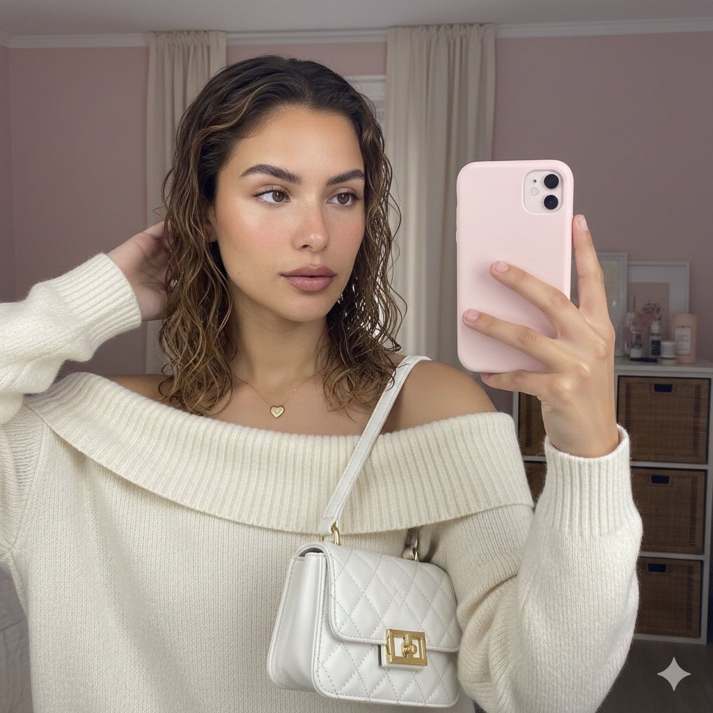 Chic Off-Shoulder Sweater & Quilted Bag Fashion Selfie Nano Banana提示词
