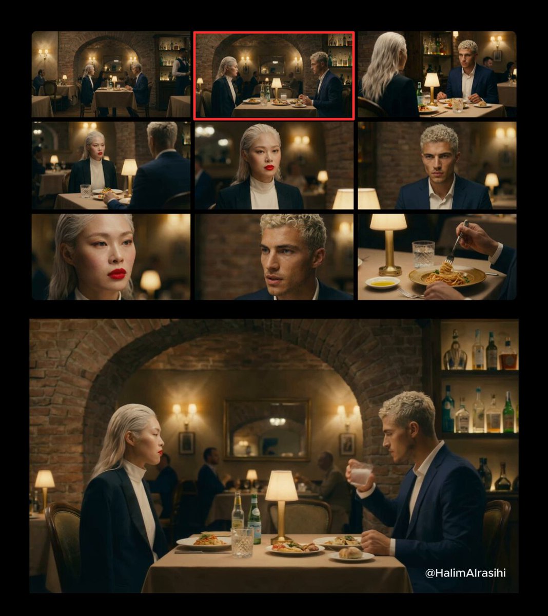 Elegant Models Dining in Upscale Restaurant - Fashion Nano Banana提示词