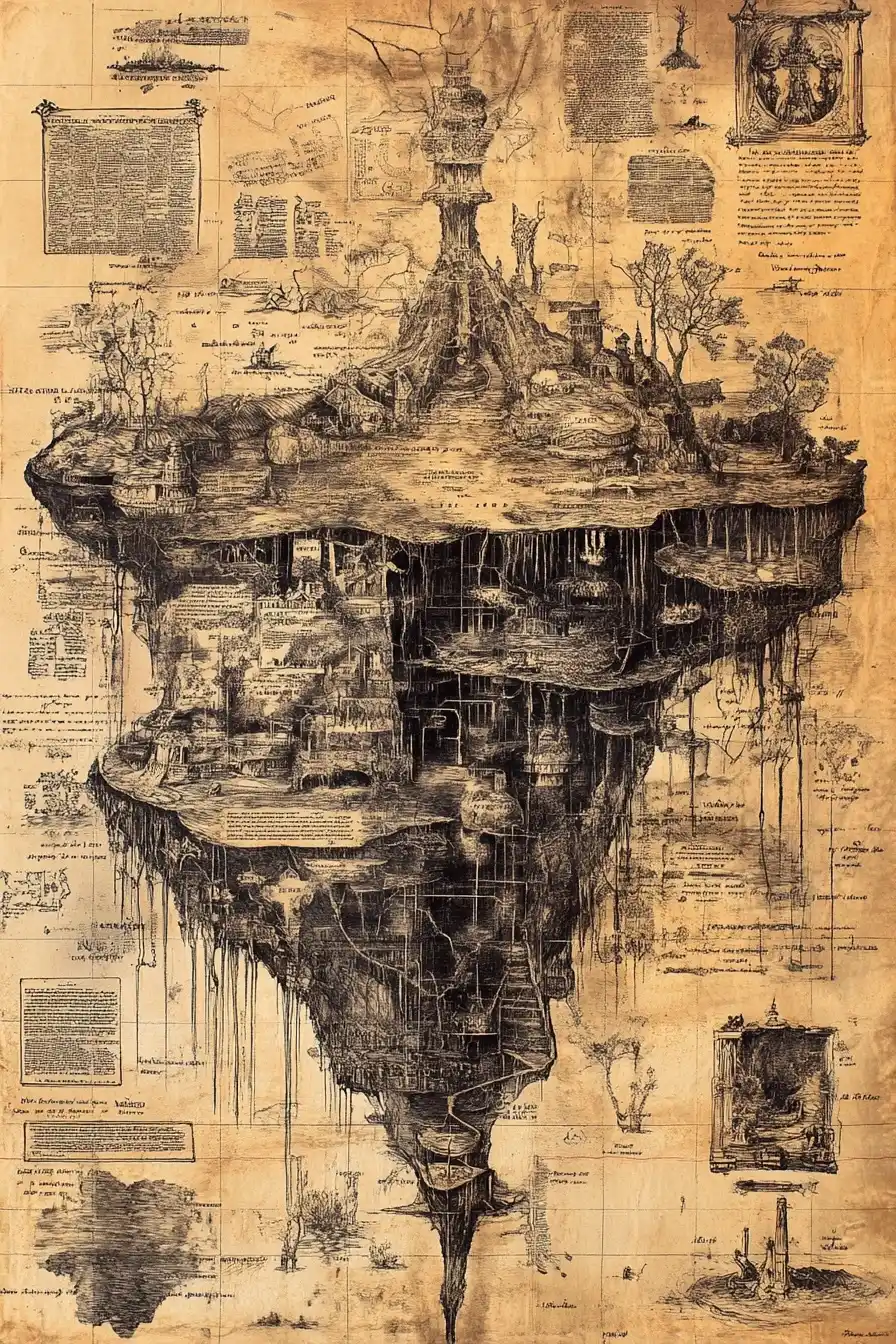 Detailed Psychogeographic Map Structure Midjourney提示词