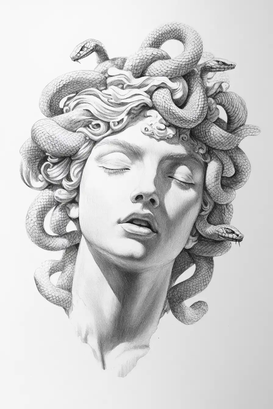 Pencil Drawing of Medusa Midjourney提示词