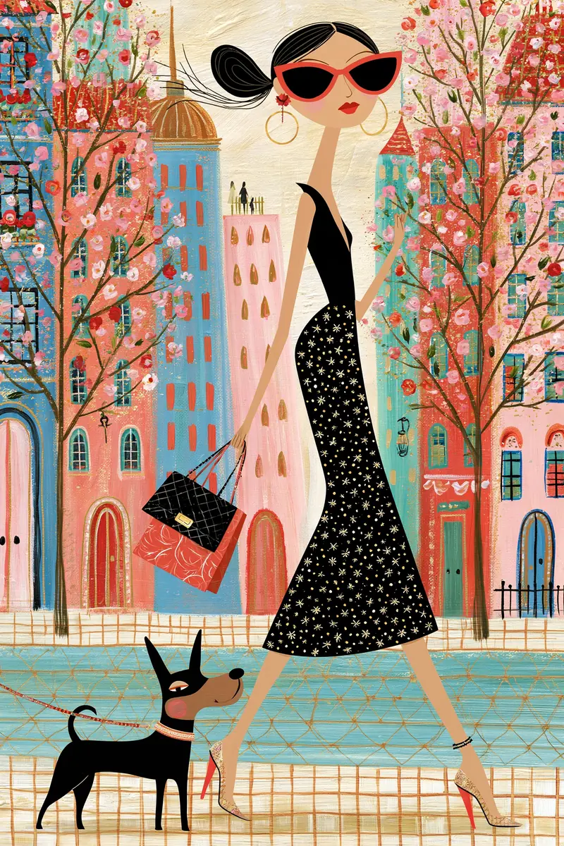 Fashion Lady Walking Dog Midjourney提示词