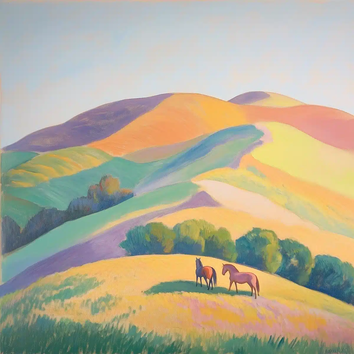 Pastel Horses on Hills Midjourney提示词