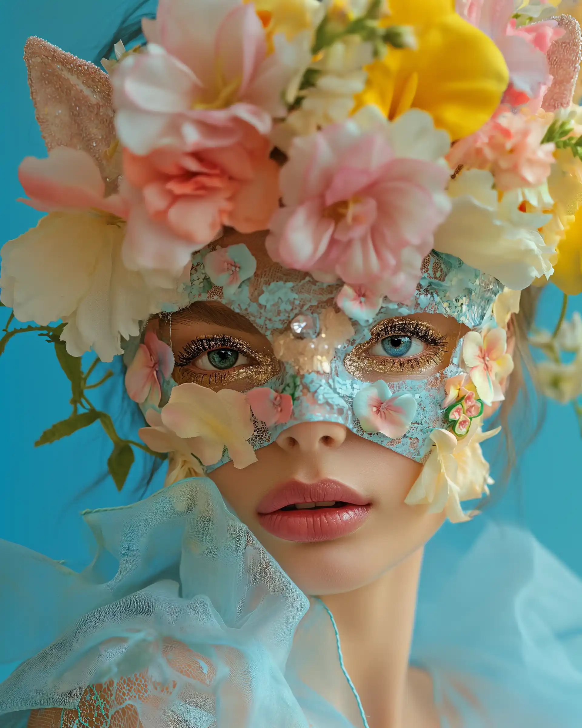 Floral Cat Mask Close-Up Midjourney提示词