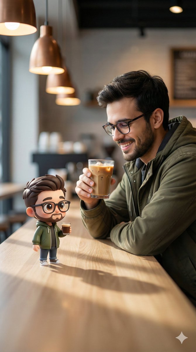 Cheerful Man & Miniature with Coffee in Modern Cafe Nano Banana提示词
