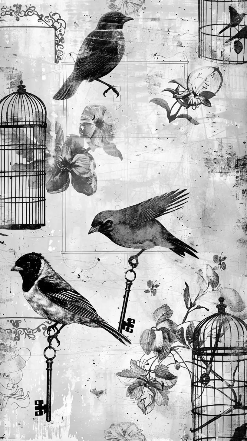 Grunge Avian Collage Pattern Midjourney提示词