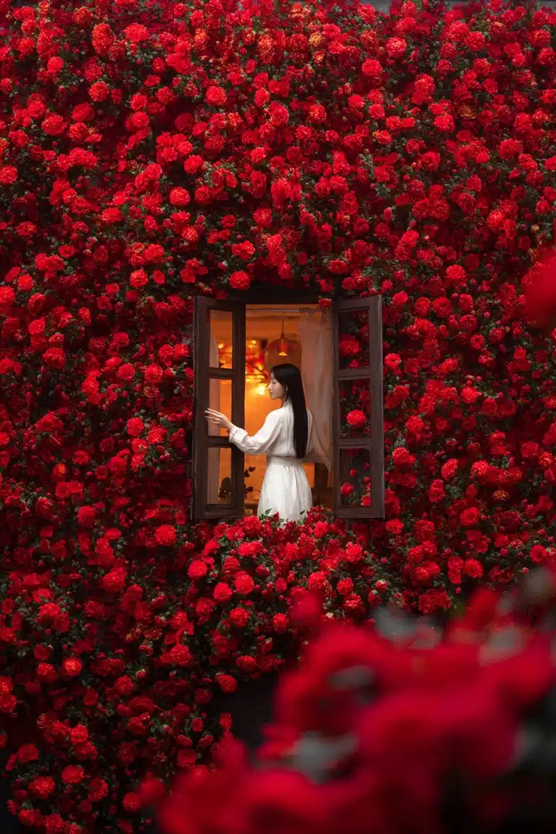 Asian Woman Opening Window Midjourney提示词
