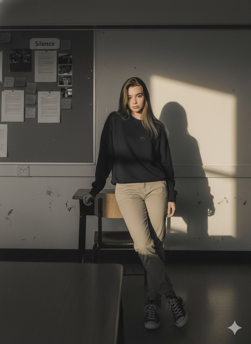 Moody Classroom Portrait: Young Woman in Natural Light Nano Banana提示词