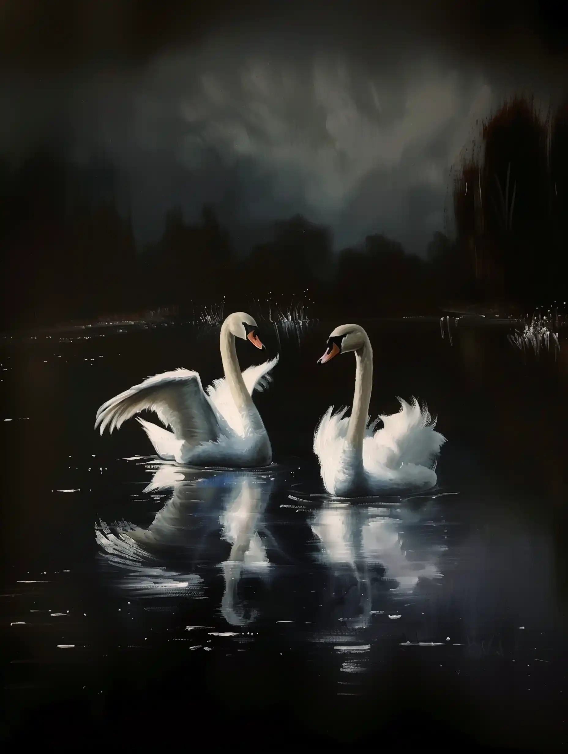 Nocturne Swans on Lake Midjourney提示词