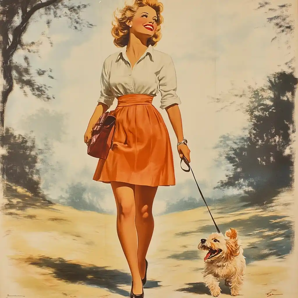 1950s Poster Woman Walking Dog Midjourney提示词