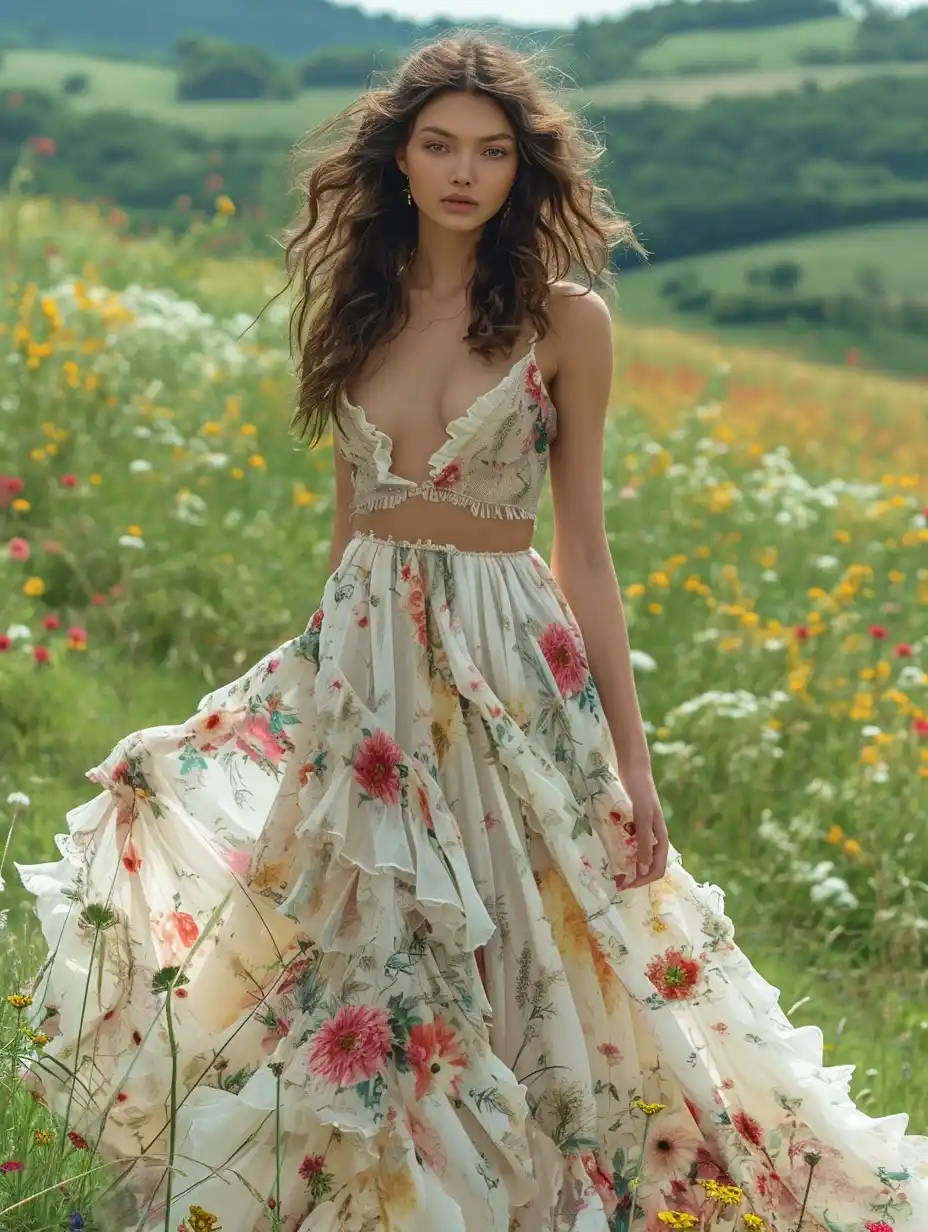 Floral Dress on Green Hill Midjourney提示词