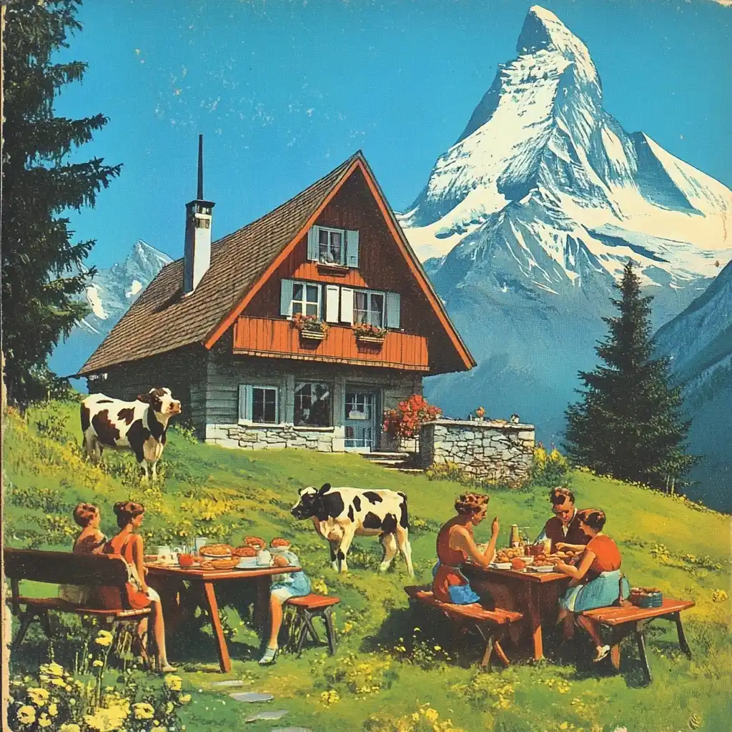 1960s Chalet Postcard Scene Midjourney提示词