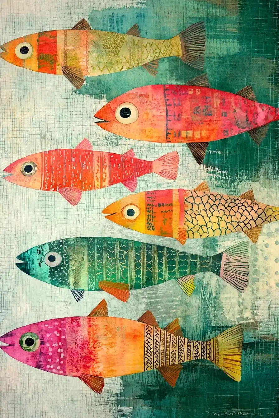 Vibrant Sardines in Watercolor Midjourney提示词