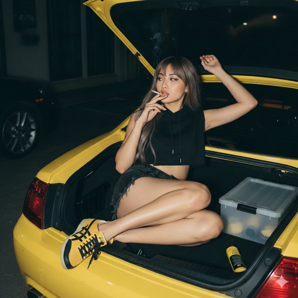 Edgy Night Portrait: Woman Smoking in Yellow Car Trunk Nano Banana提示词