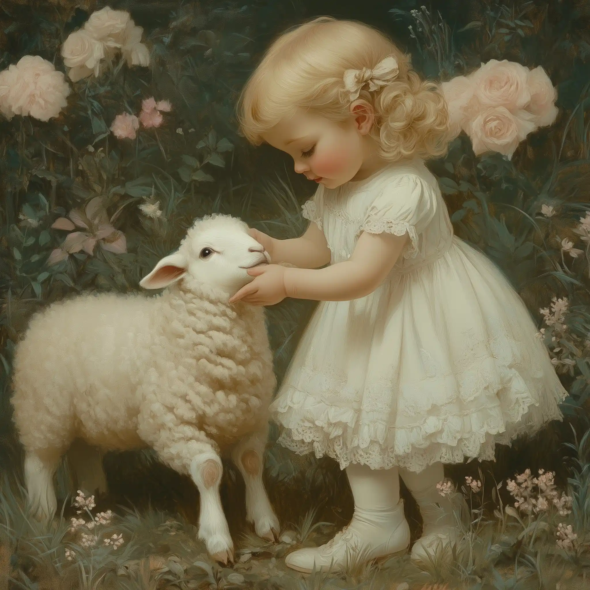 Pastel Girl Petting Sheep Midjourney提示词