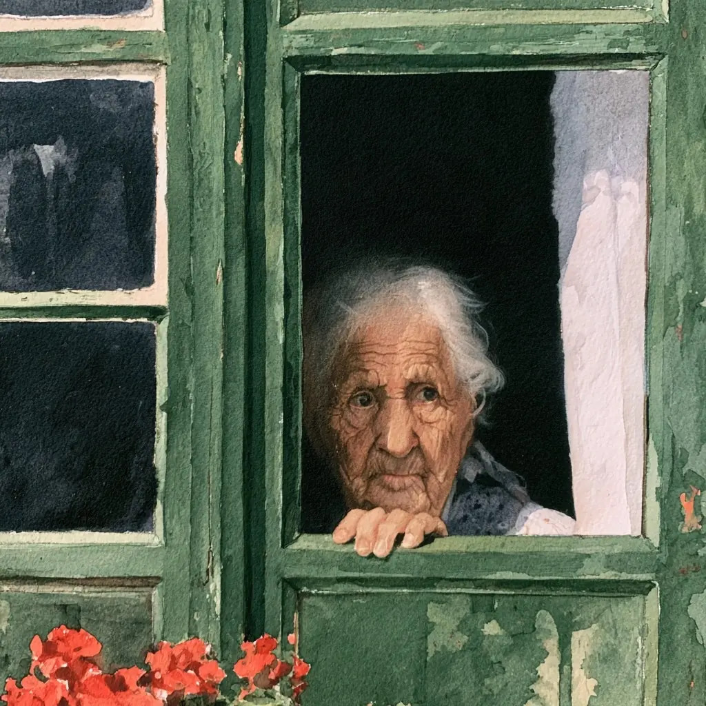 Elderly German Woman Window Midjourney提示词