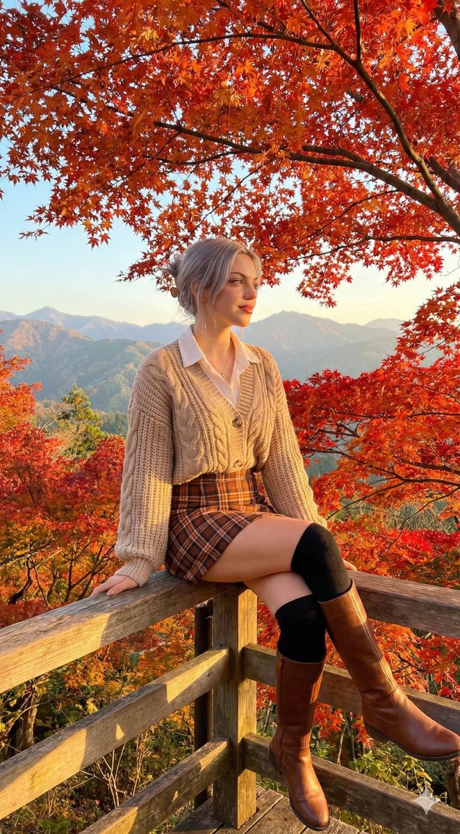 Autumn Fashion Portrait: Woman in Fall Foliage & Cozy Cardigan Nano Banana提示词