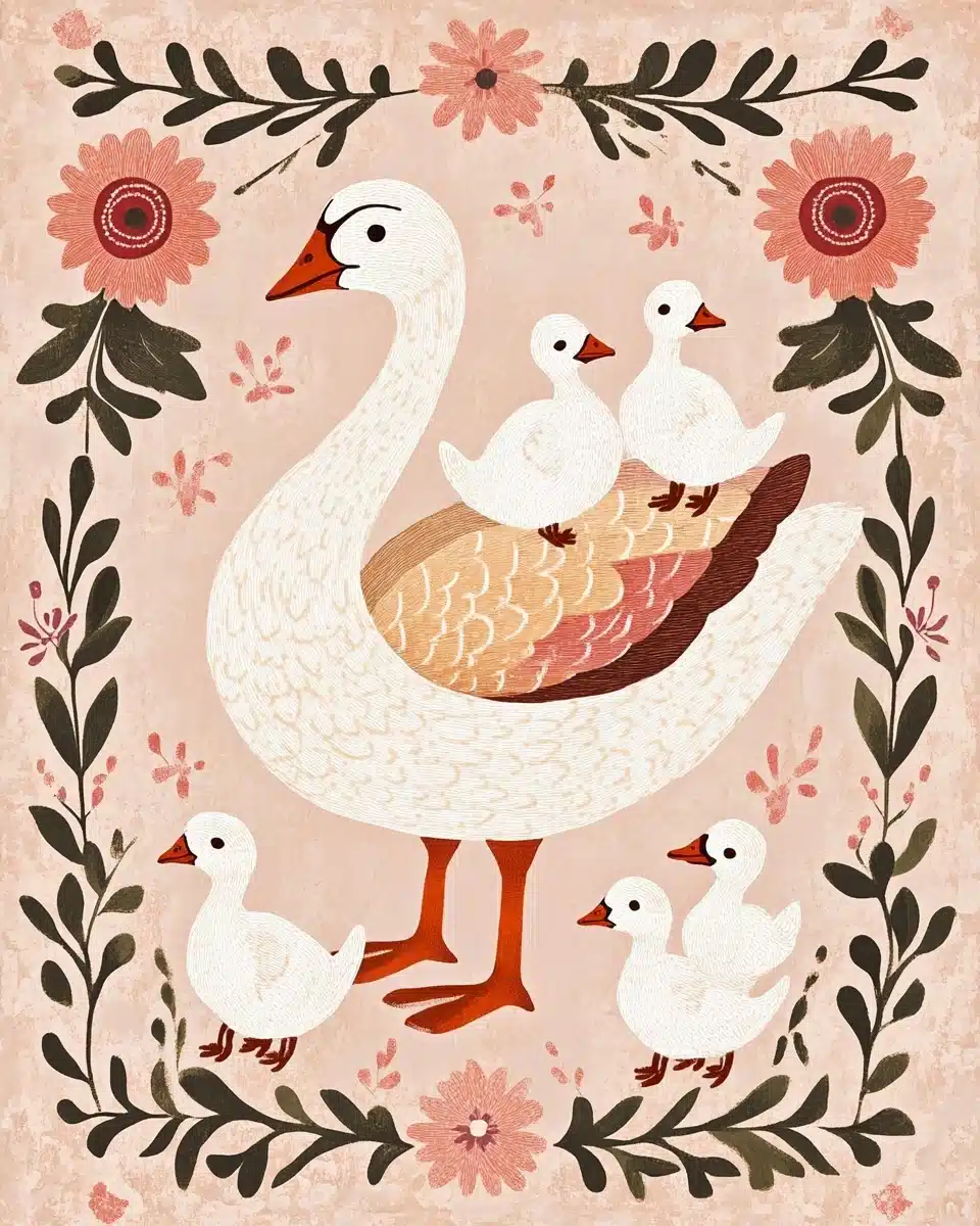 Folk Art Goose Family Midjourney提示词