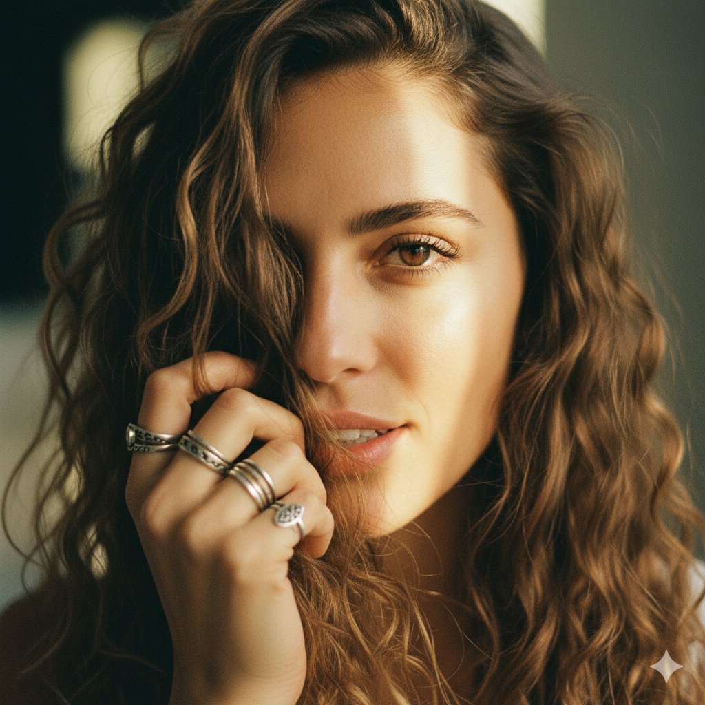 Woman Portrait: Curly Hair, Gentle Smile, Natural Light Nano Banana提示词