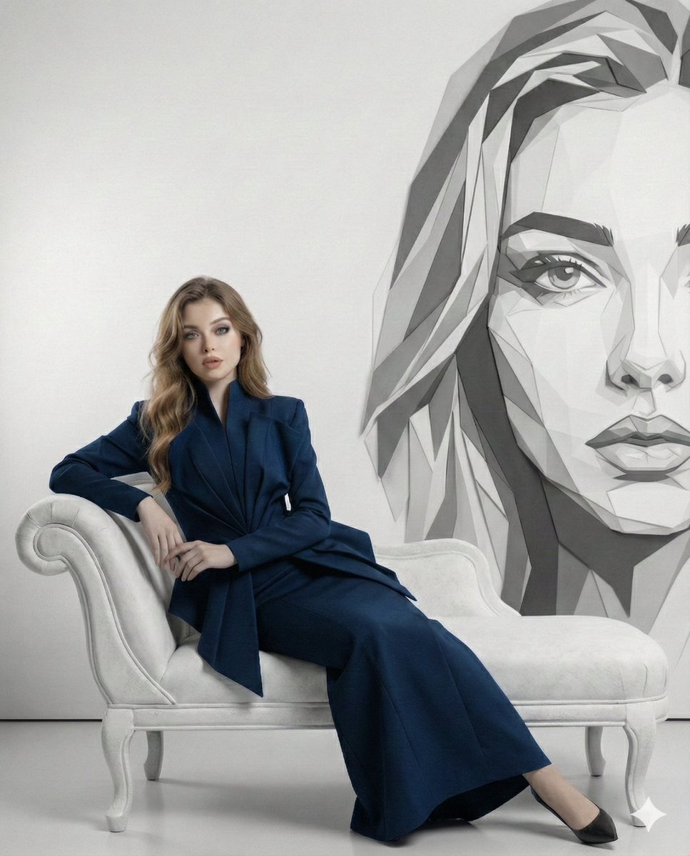 Elegant Woman in Blue Suit, Chaise Lounge, Geometric Art Nano Banana提示词